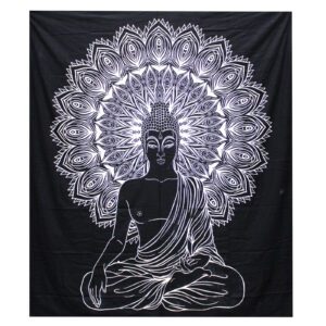 Czarno-biała narzuta z bawełny + dekoracja ścienna – Budda