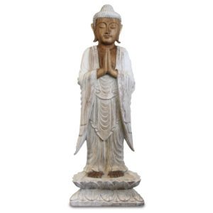 Ręcznie rzeźbiona figura Buddy – 100 cm Powitanie – Białe przecieranie