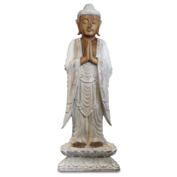 Ręcznie rzeźbiona figura Buddy – 100 cm Powitanie – Białe przecieranie