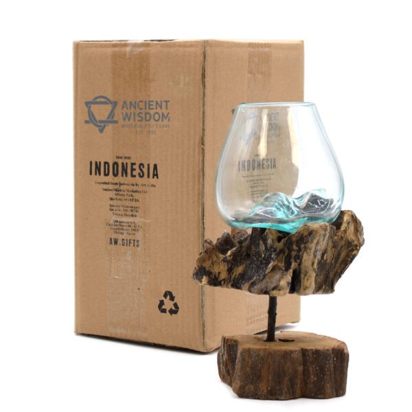 Szklana misa wtopiona w drewno ze stojakiem – średnia