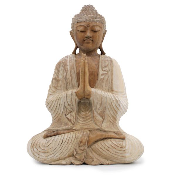 Ręcznie rzeźbiona figura Buddy – 40 cm Powitanie – Białe przecieranie - obrazek 2