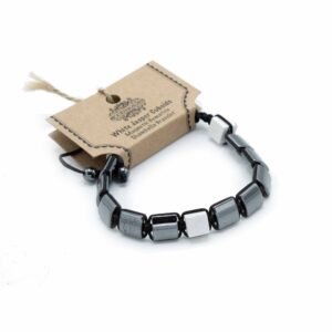 Bransoletka Shamballa z magnetycznego hematytu – Jaspis biały – kostki