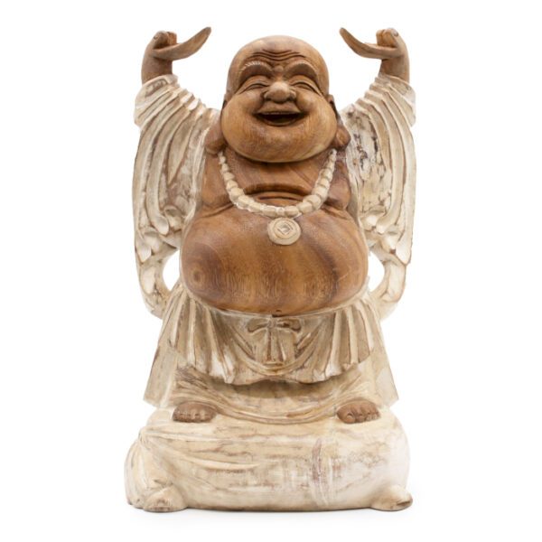 Ręcznie rzeźbiona figura Buddy – 40 cm Ręce w górze – Bielenie