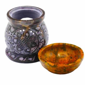 Kominek z kamienia mydlanego 10 cm – Kwiat Mandali – Czarny i Żółty