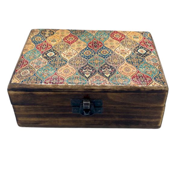 Średnie Drewniane Pudełko z Ceramicznym Szkliwem 15x10x6 cm - Tradycyjny Wzór
