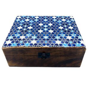 Duże Drewniane Pudełko z Ceramicznym Szkliwem 20x15x7,5 cm - Niebieskie Gwiazdy