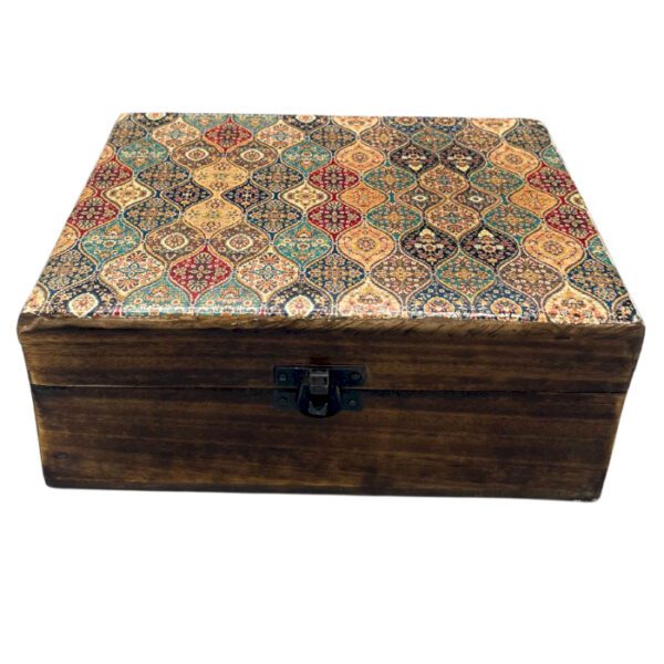 Duże Drewniane Pudełko z Ceramicznym Szkliwem 20x15x7,5 cm - Tradycyjny Wzór