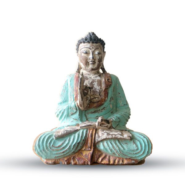 Ręcznie Rzeźbiona Statua Buddy Vintage Mięta – 30 cm – Przekaz Nauki