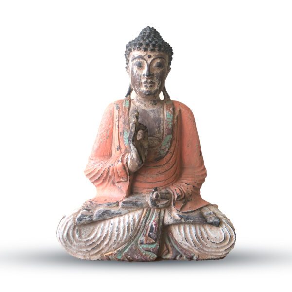 Ręcznie Rzeźbiona Statua Buddy Vintage Pomarańczowa – 40 cm – Przekaz Nauki