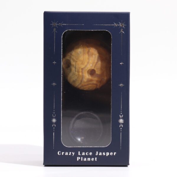 Planeta z Jaspisu Crazy Lace na Podstawce z Soli Złocistej – 40 mm - obrazek 3
