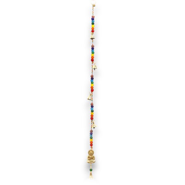 Indyjskie Dzwonki Wietrzne – Mosiężny Budda z Koralikami Czakry – Sznur Dzwonków – 53 cm
