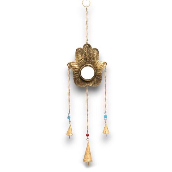Indyjskie Dzwonki Wietrzne – Hamsa Małe Lustro 3 Dzwonki – 14x55 cm