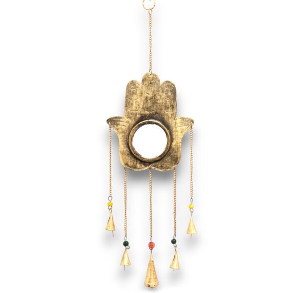 Indyjskie Dzwonki Wietrzne – Hamsa Duże Lustro 5 Dzwonków – 19x65 cm