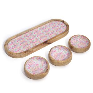 Taca z Drewna Mango z 3 Miskami – Urocze Kwiaty