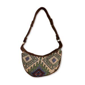 Torba Hobo z Żakardu - Zielona Geometria (brązowy pasek)