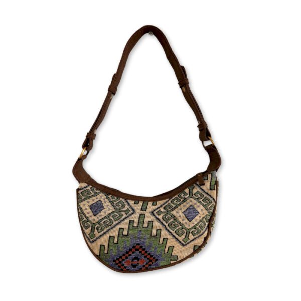 Torba Hobo z Żakardu - Zielona Geometria (brązowy pasek)