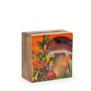 Małe Emaliowane Kwadratowe Pudełko 10x10x4,2 cm - Motyw Grzybów Bordowy