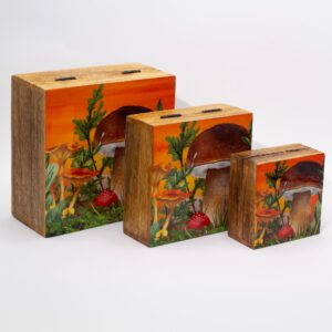 Małe Emaliowane Kwadratowe Pudełko 10x10x4,2 cm – Motyw Grzybów Bordowy