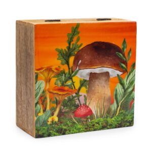 Duże Kwadratowe Pudełko 15x17,5x8 cm - Motyw Grzybów Bordowy