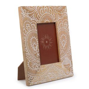 Średnia Ramka na Zdjęcia z Drewna Mango (na 10x15 cm) 26x20x2 cm – Budda – Biała