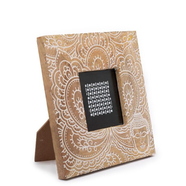 Mała Ramka na Zdjęcia z Drewna Mango (na 10x15 cm) 20x20x2 cm – Budda – Biała