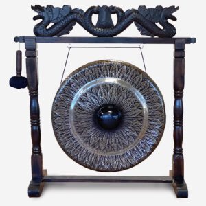Duży gong w brązowym antycznym stojaku – 80 cm – Czarny – wzór