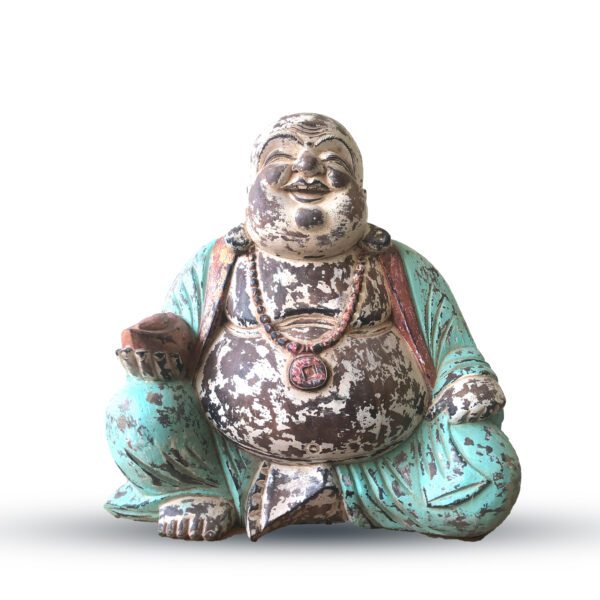 Ręcznie Rzeźbiona Statua Buddy Vintage Mięta – 40 cm – Szczęśliwy Budda