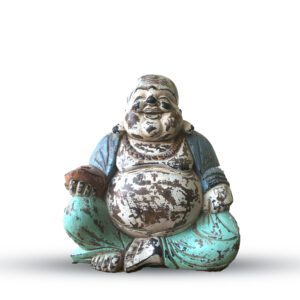 Ręcznie Rzeźbiona Statua Buddy Vintage Niebieska Mięta – 30 cm – Szczęśliwy Budda