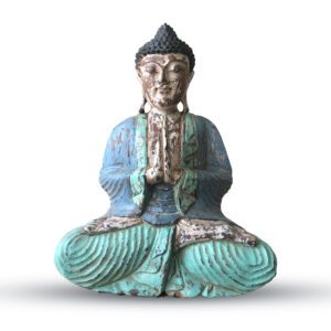 Ręcznie Rzeźbiona Statua Buddy Vintage Niebieska Mięta – 40 cm – Powitanie