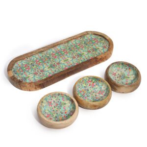 Taca z Drewna Mango z 3 Miskami – Wzór Śródziemnomorskich Płytek