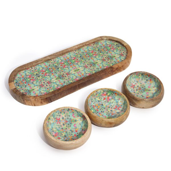 Taca z Drewna Mango z 3 Miskami – Wzór Śródziemnomorskich Płytek