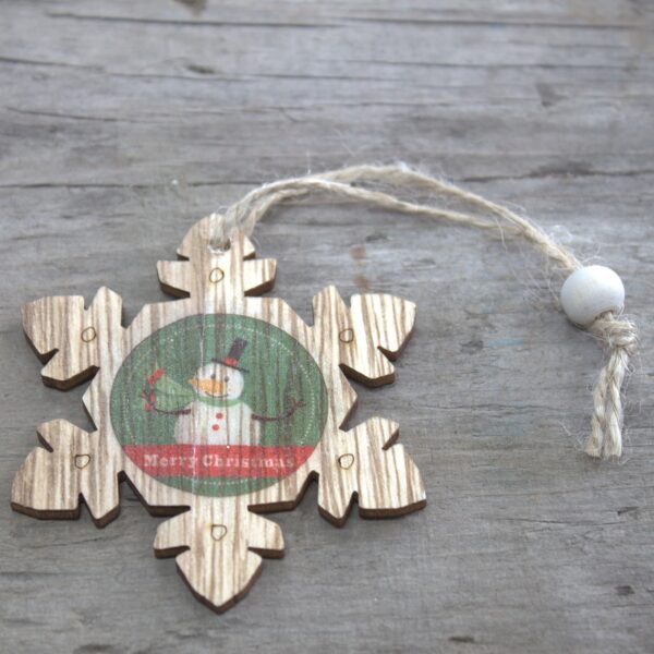 Zestaw 2 drewnianych ozdób świątecznych – Śnieżynka i Bałwanek