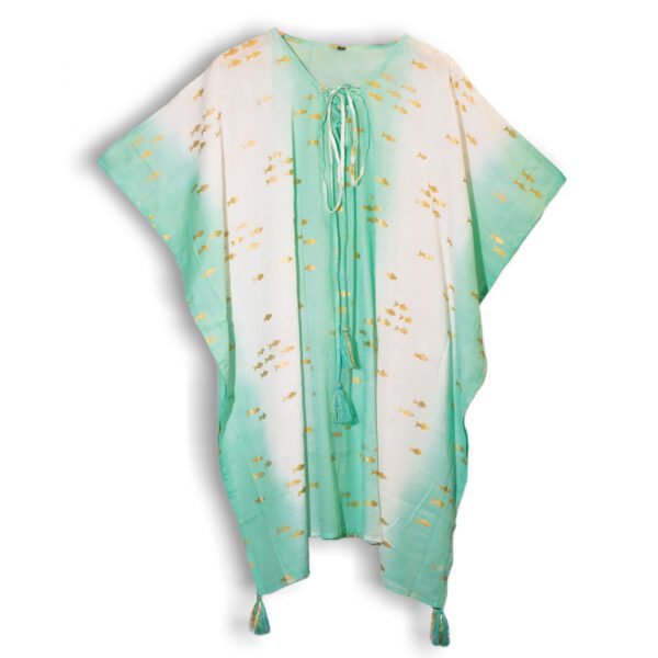 Kaftan Nomad Sari z Kolekcji Med – Biały, Turkusowy i Złoty – Wzór Ryb - obrazek 2