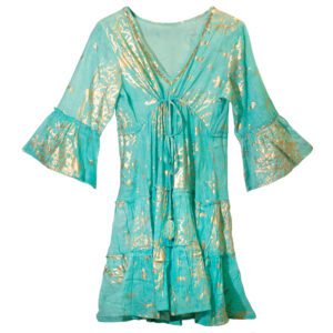Sukienka Nomad Sari z Kolekcji Med (LXL) – Turkusowy i Złoty – Wzór Koralowca