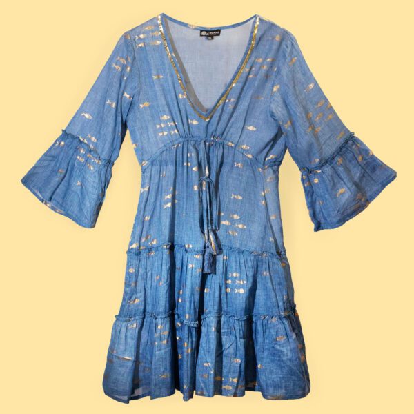 Sukienka Nomad Sari z Kolekcji Med (LXL) – Morski Niebieski i Złoty – Wzór Ryb - obrazek 2