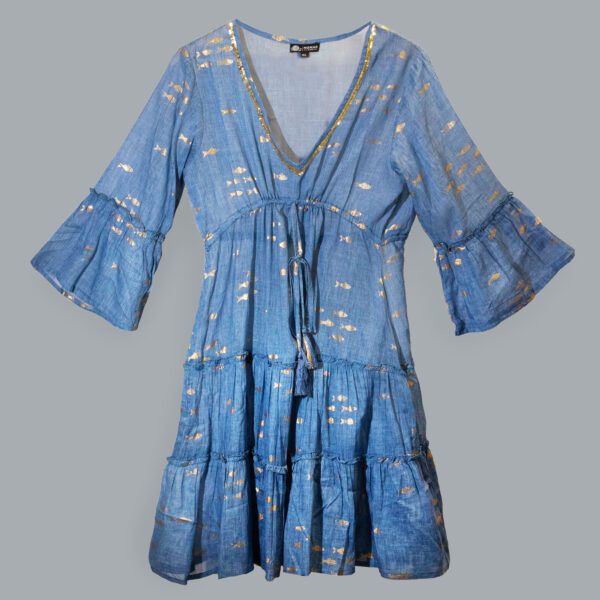 Sukienka Nomad Sari z Kolekcji Med (LXL) – Morski Niebieski i Złoty – Wzór Ryb - obrazek 3