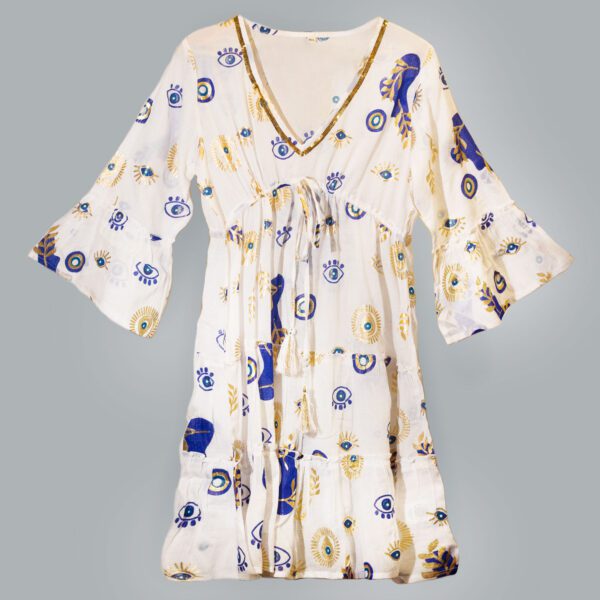 Sukienka Nomad Sari z Kolekcji Med (LXL) – Biały, Niebieski i Złoty – Wzór Oka Proroka - obrazek 4