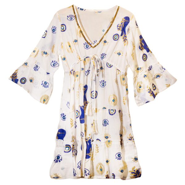 Sukienka Nomad Sari z Kolekcji Med (LXL) – Biały, Niebieski i Złoty – Wzór Oka Proroka