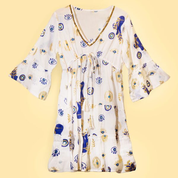 Sukienka Nomad Sari z Kolekcji Med (LXL) – Biały, Niebieski i Złoty – Wzór Oka Proroka - obrazek 3