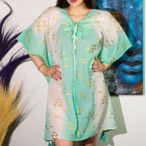 Kaftan Nomad Sari z Kolekcji Med – Biały, Turkusowy i Złoty – Wzór Ryb