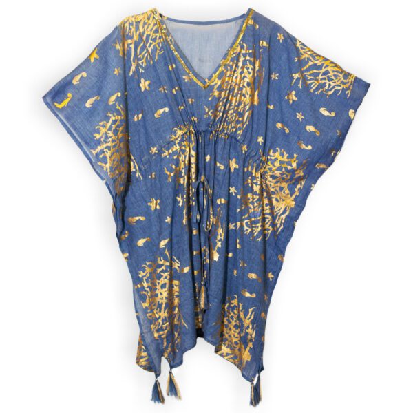 Kaftan Nomad Sari z Kolekcji Med – Morski Niebieski i Złoty – Wzór Koralowca
