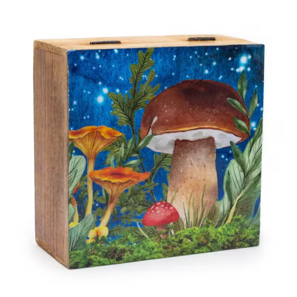 pudelko z drewna mango 15 x 17 5 x 8 cm grzyby turkusowy