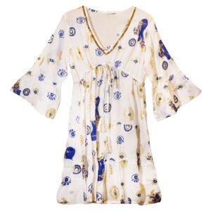 Sukienka Nomad Sari z Kolekcji Med (ML) – Biały, Niebieski i Złoty – Wzór Oka Proroka