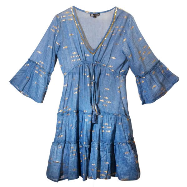 Sukienka Nomad Sari z Kolekcji Med (ML) – Morski Niebieski i Złoty – Wzór Ryb