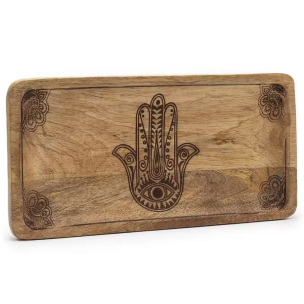taca z drewna mango 30 x 15 x 2 5 cm hamsa czarne grawerowane wykonczenie