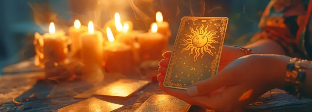 Karta Słońca tarot trzymana w dłoni przy świecach, symbolizująca prawdę, światło i autentyczność.