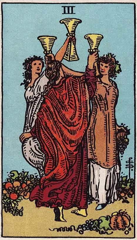 Trójka Kielichów – symbol radości, więzi i emocjonalnej harmonii Trójka Kielichów tarot – trzy kobiety unoszące kielichy, symbol wspólnoty i celebracji