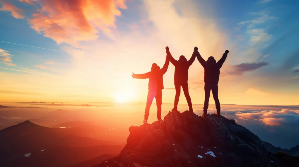 Trójka Kielichów. Trzy osoby trzymające się za ręce na szczycie góry o świcie, symbol jedności i wspólnej siły