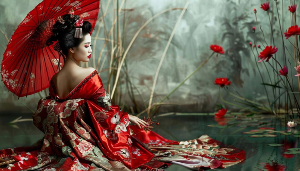 Kultura Edo i oiran w czerwonym kimonie jako symbol piękna dawnej Japonii