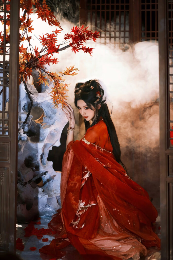 Kobieta w czerwonym kimonie inspirowana światem oiran i Yoshiwary